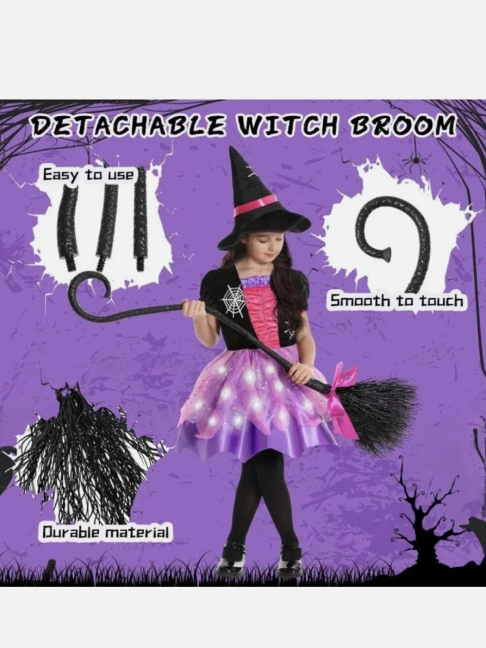 Light-Up Witch Dress,Purple Halloween Costume,include Hat & Broom Size Small